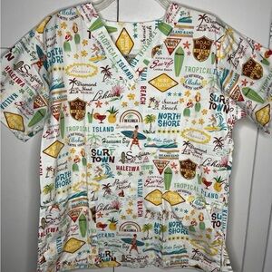 Colorful Hawaiian Graphic Print Scrub Top